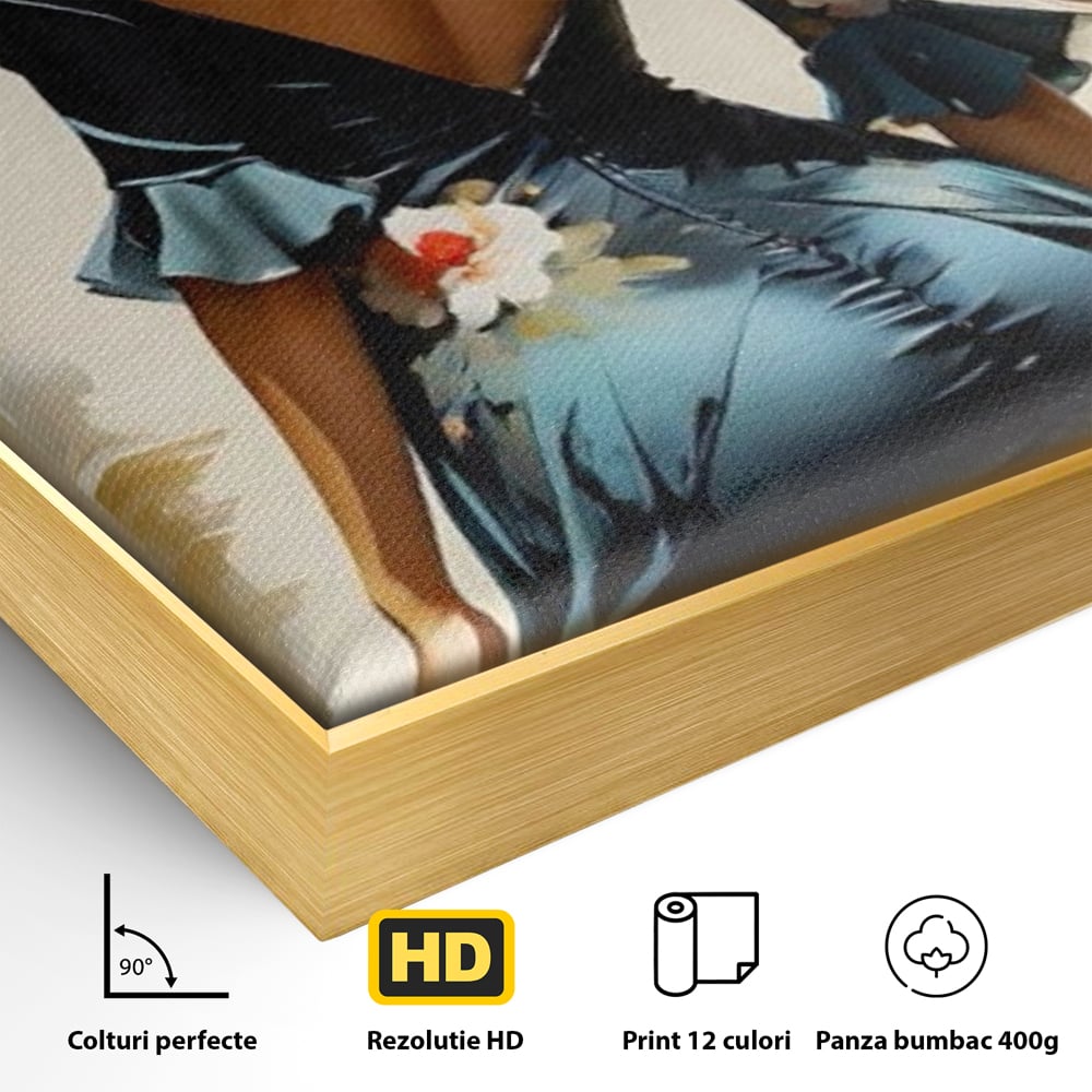 Detaliu al suprafetei: tablou canvas cu femeie in rochie albastra, in rama de aluminiu auriu